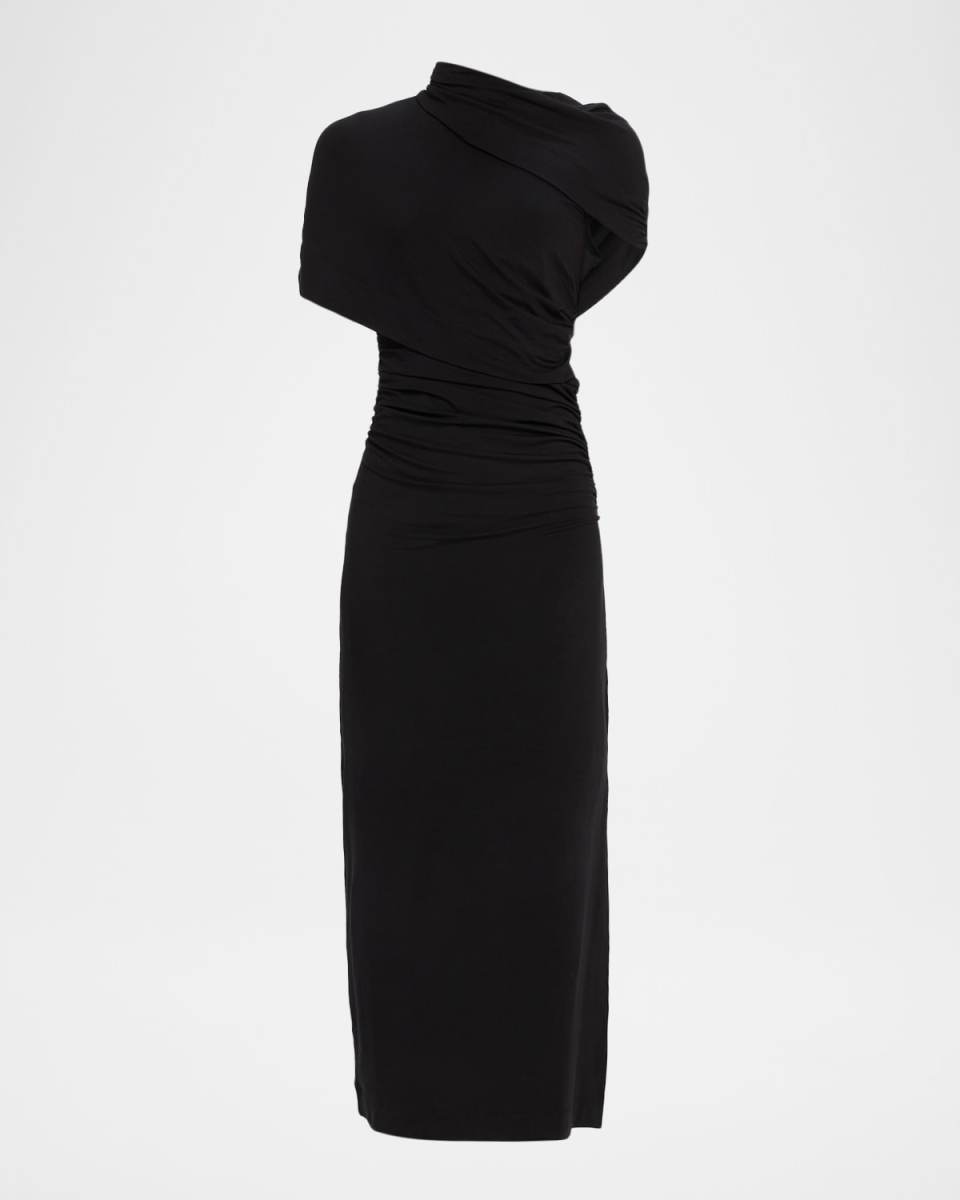 Azure Ruched Mock-Neck Midi Dress